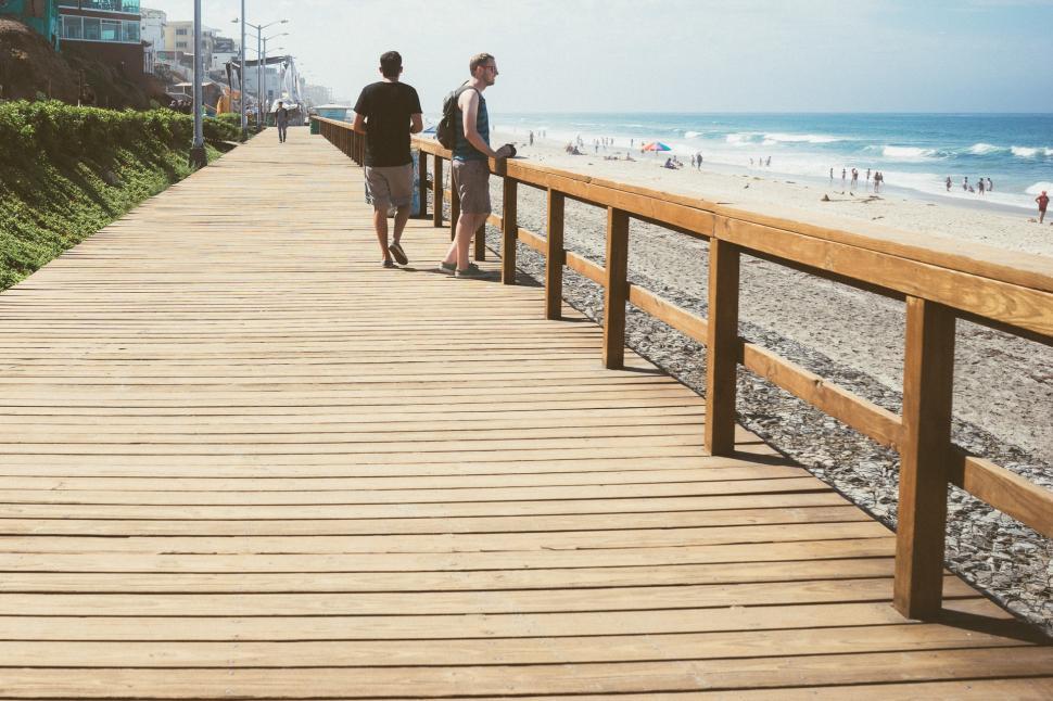 Free Image of Two People Walking on Boardwalk Near Beach 