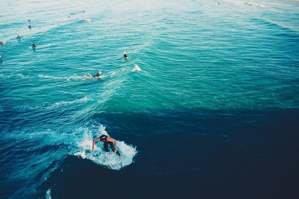 Free Image of Group of People Riding Waves on Surfboards 