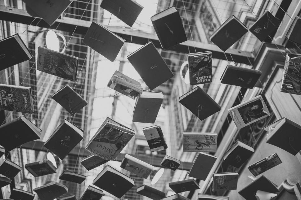 Free Image of Floating Books in Black and White 