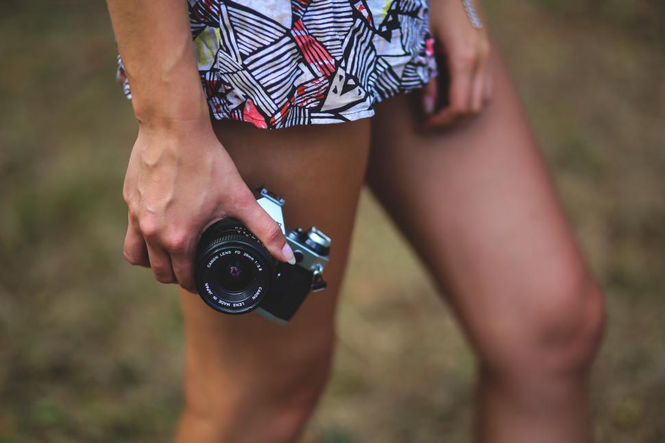 Free Image of Woman Holding Camera in Right Hand 