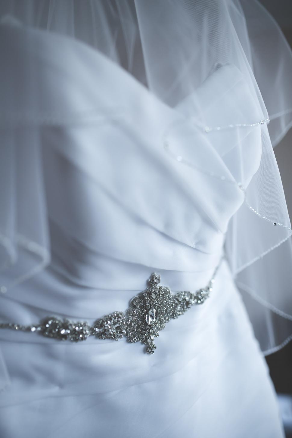 Free Image of Close Up of Wedding Dress With Diamond Brooch 