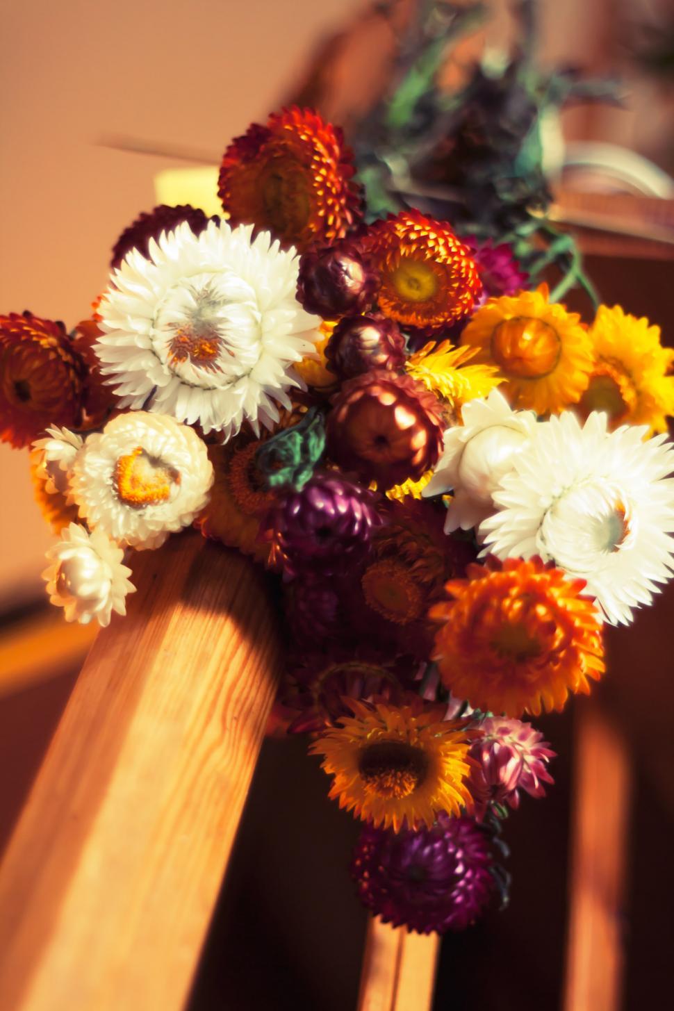 Free Image of Bouquet of Flowers on Wooden Rail 