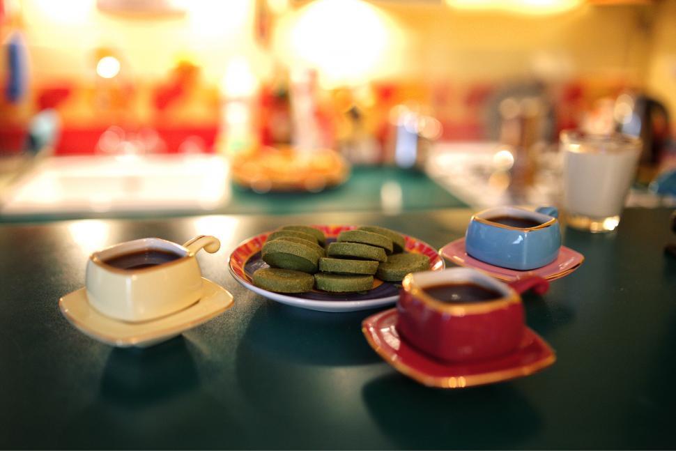 Free Image of Table Set With Plates of Food and Cups of Coffee 