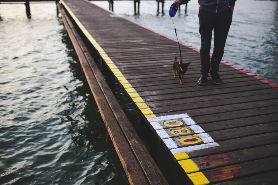 Free Image of Man Holding Dog on Leash on Pier 