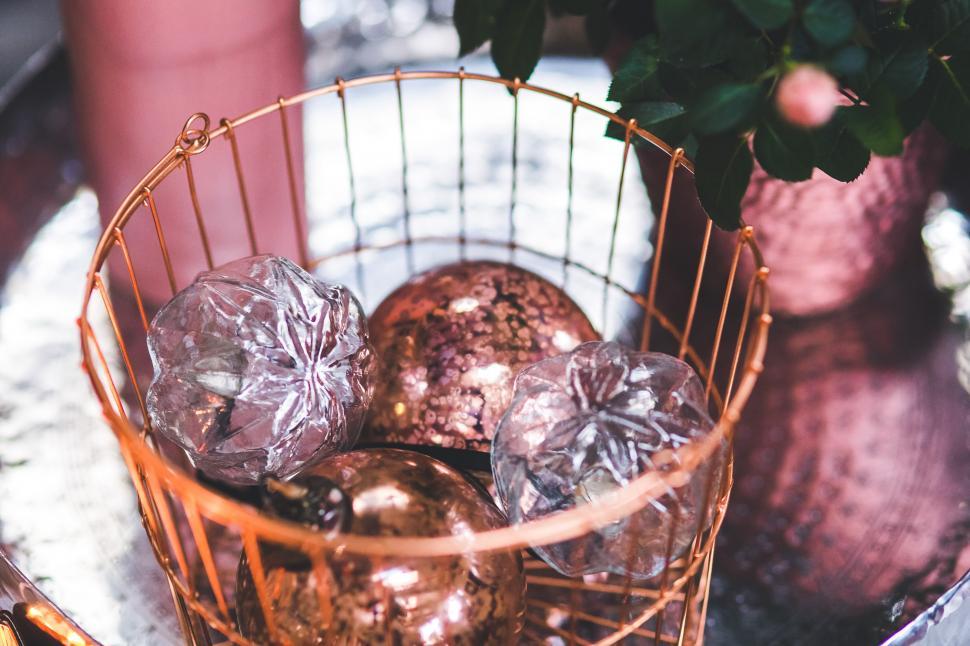 Free Image of Basket Christmas Decor Decoration Gold Holiday Home Pink ball balls closeup copper glass golden holidays xmas 