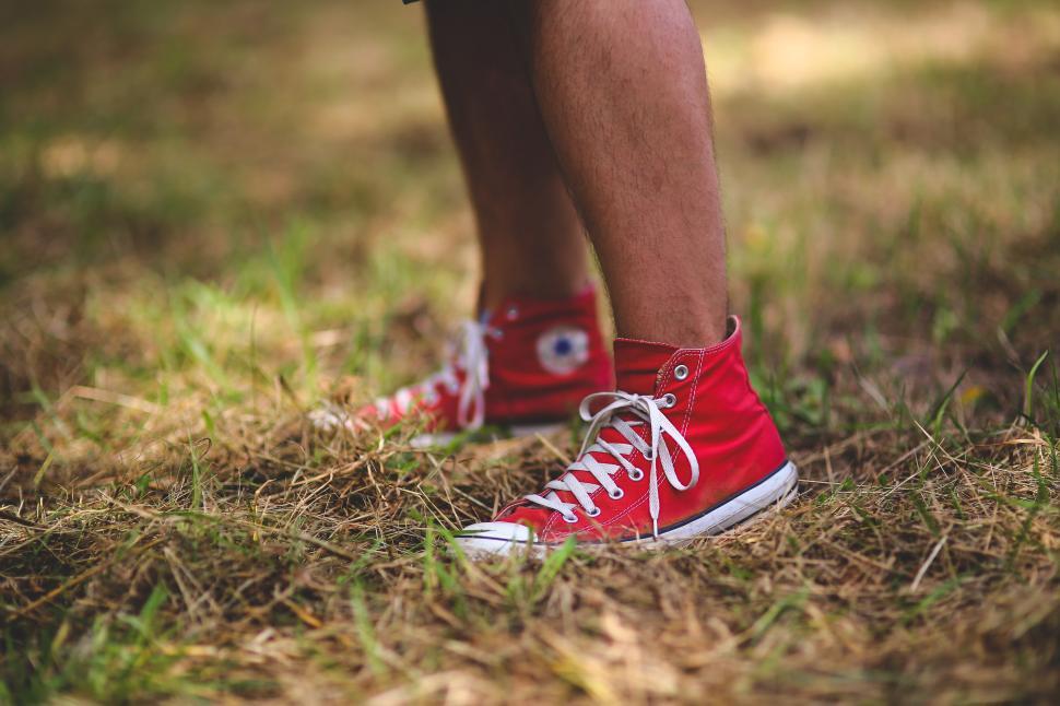 Free Image of Person Wearing Red Converse Shoes Standing in Grass 