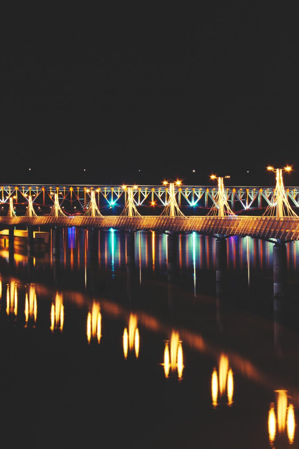 Free Image of Illuminated Bridge Spanning Waterway 