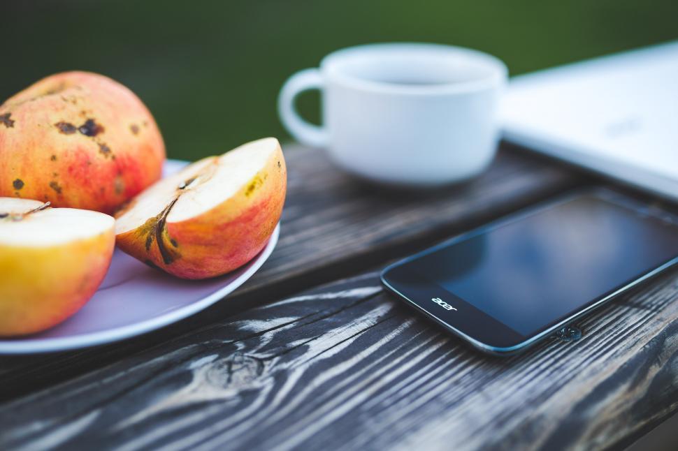 Free Image of Plate of Fruit and Cup of Coffee on Table 