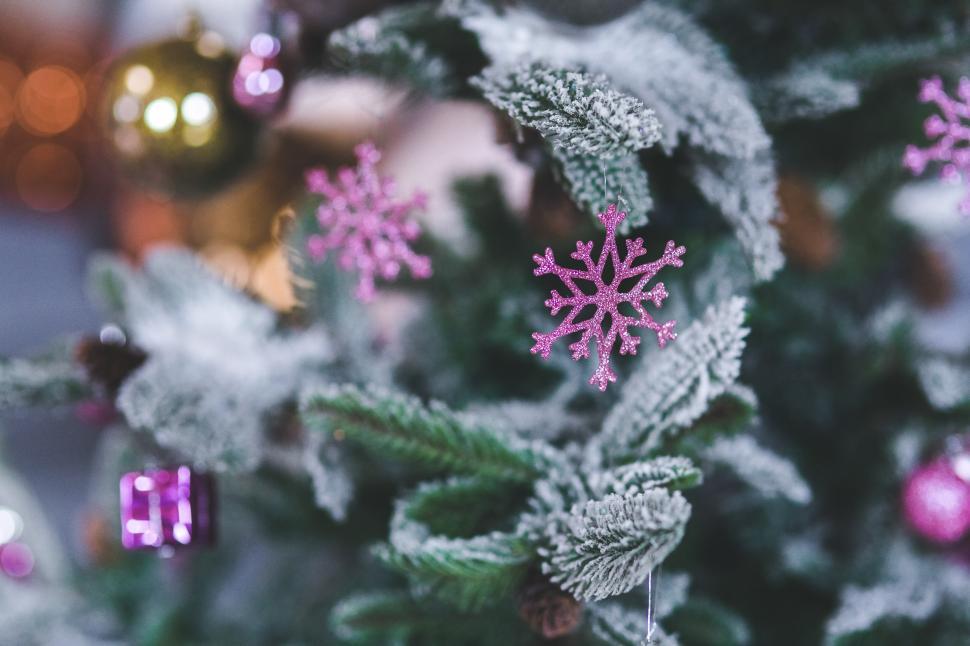 Free Image of Close Up of a Christmas Tree With Pink and Silver Decorations 