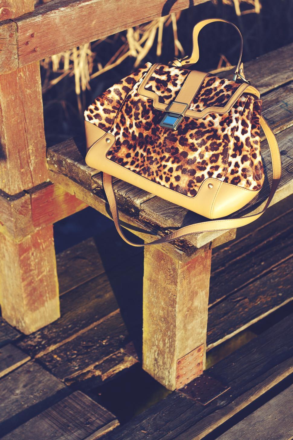 Free Image of Leopard Print Purse on Wooden Bench 