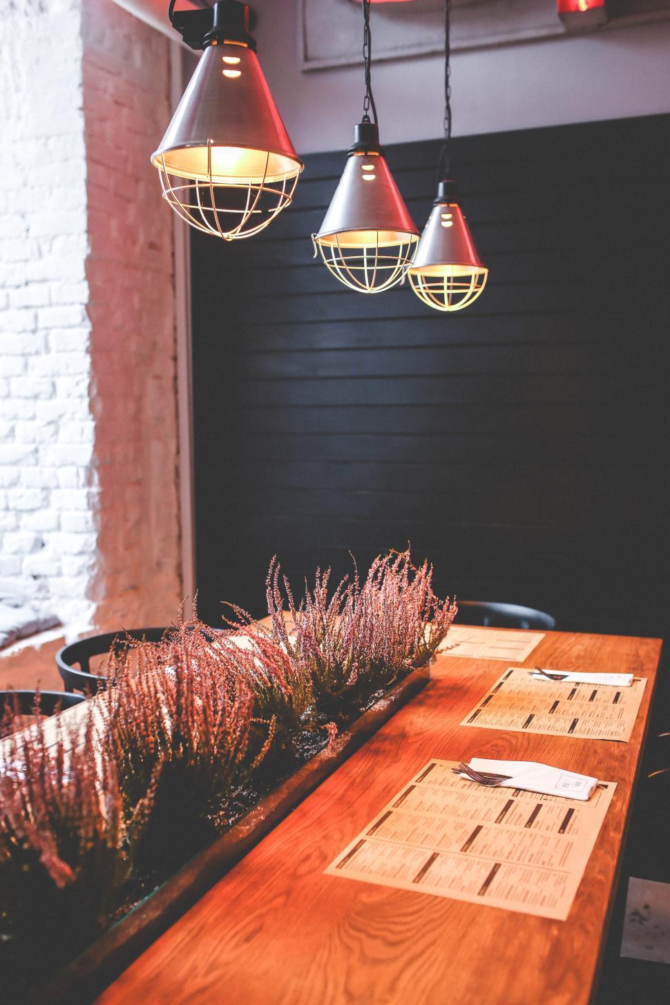 Free Image of Wooden Table With Plant and Hanging Lights 