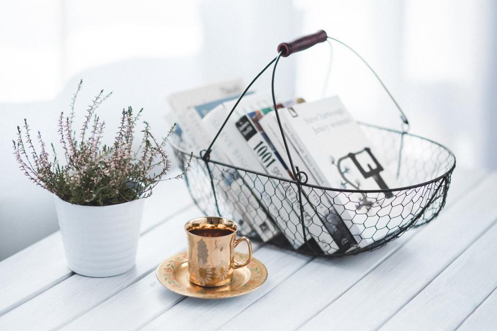 Free Image of Coffee Cup and Basket on Table 