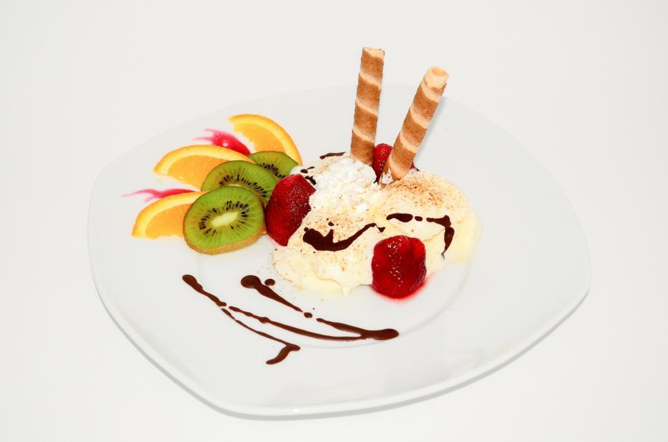 Free Image of White Plate With Fruit and Ice Cream 