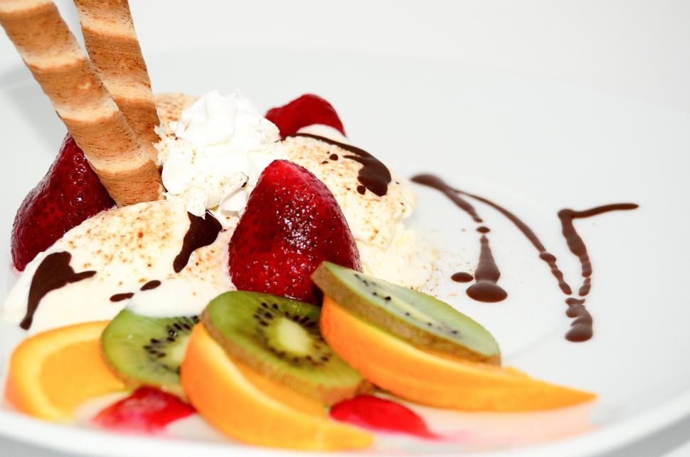 Free Image of White Plate With Fruit and Ice Cream 