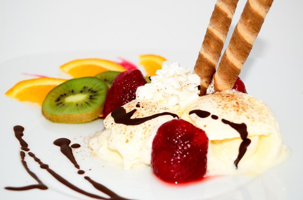 Free Image of White Plate With Ice Cream and Fruit 