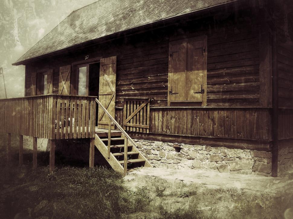 Free Image of Old Log Cabin in Black and White 