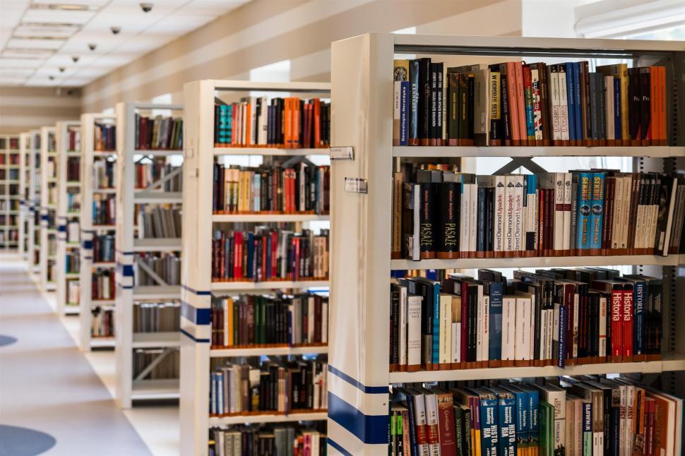Free Image of Row of Bookshelves Filled With Books in Library 