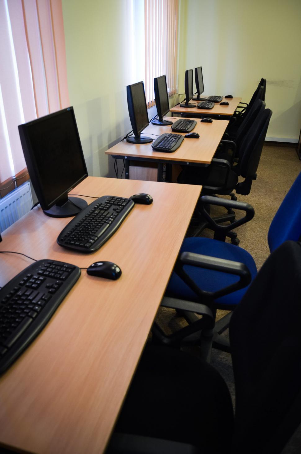 Free Image of A Row of Computer Monitors on Desk 
