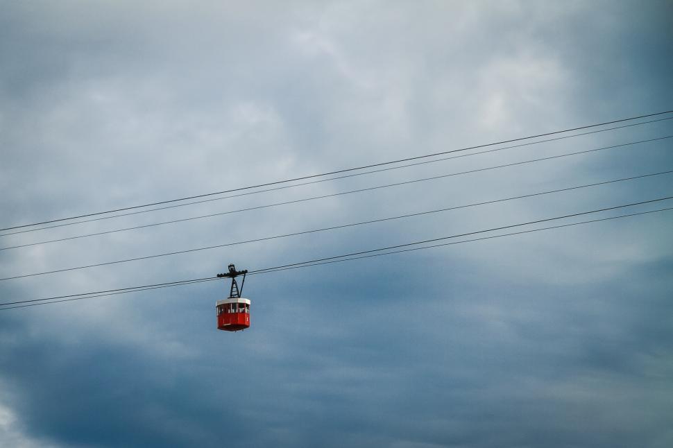Free Image of Red Cable Car Suspended Over Power Lines 