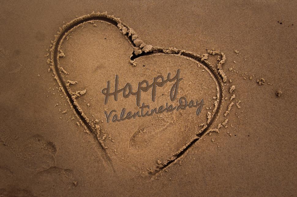 Free Image of Heart Drawn in Sand With Happy Valentines Day Message 