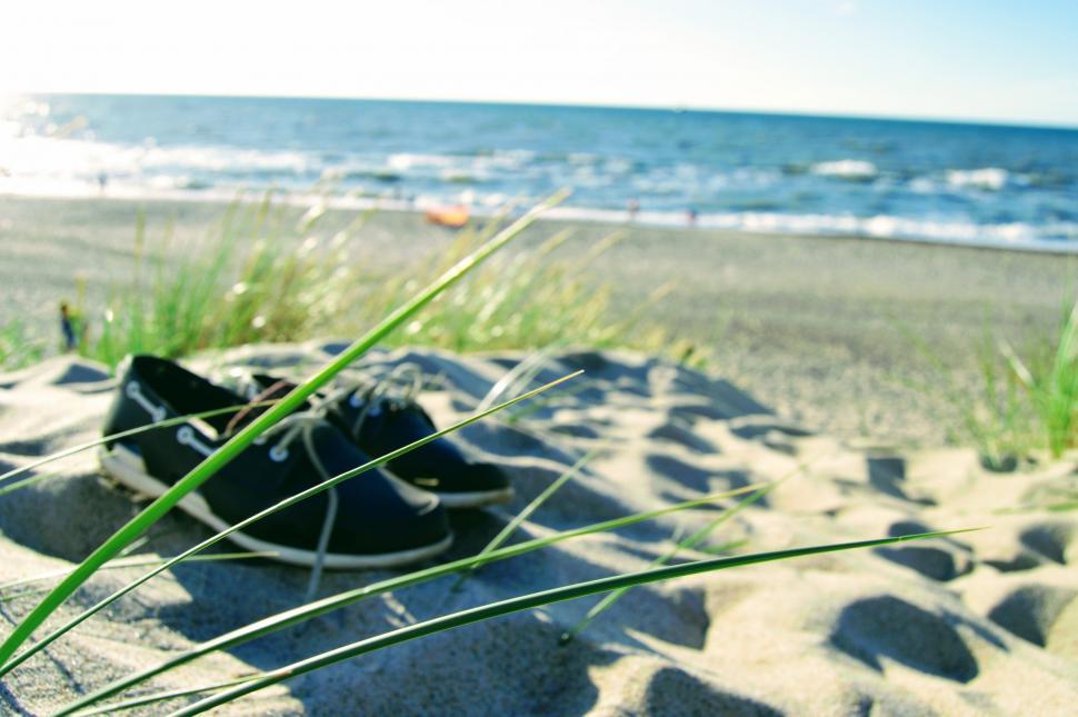 Free Image of Moccasin shoes lie on the sand dune with green grass against a backdrop of the sea and the beach. Selective focus. Baltic sea 