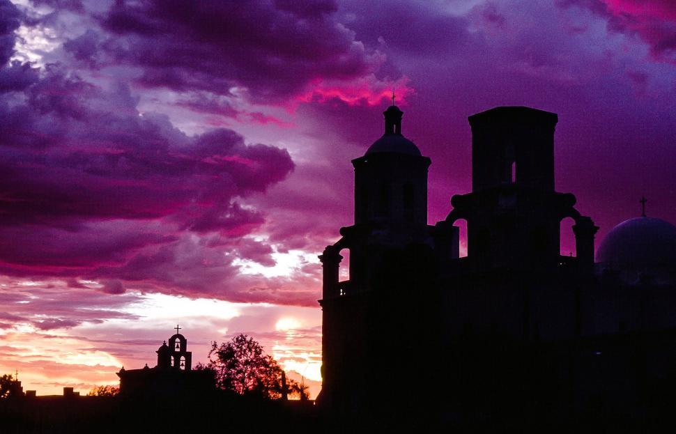 Free Image of San Xavier del Bac silhouette during sunset 