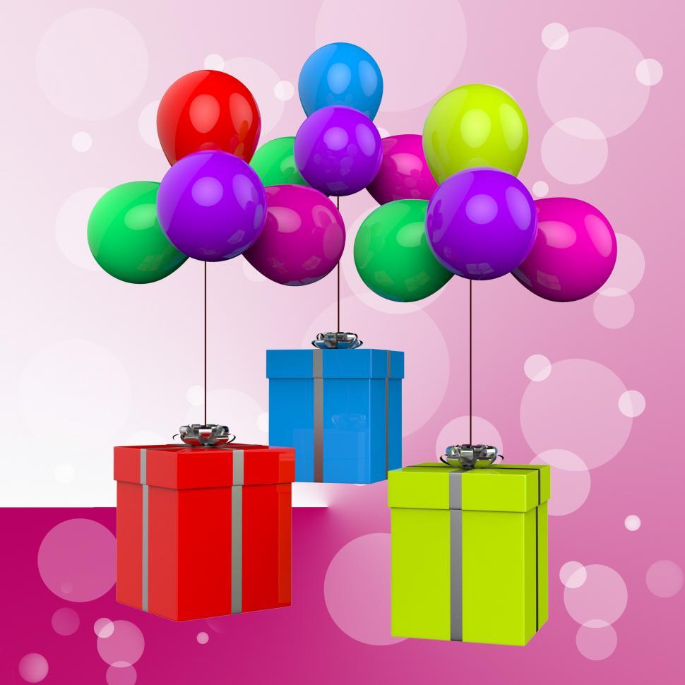 Free Image of Balloons With Presents Show Colourful Balloons And Presents 