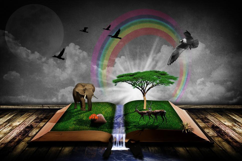 Free Image of Open Book With Rainbow and Animals 