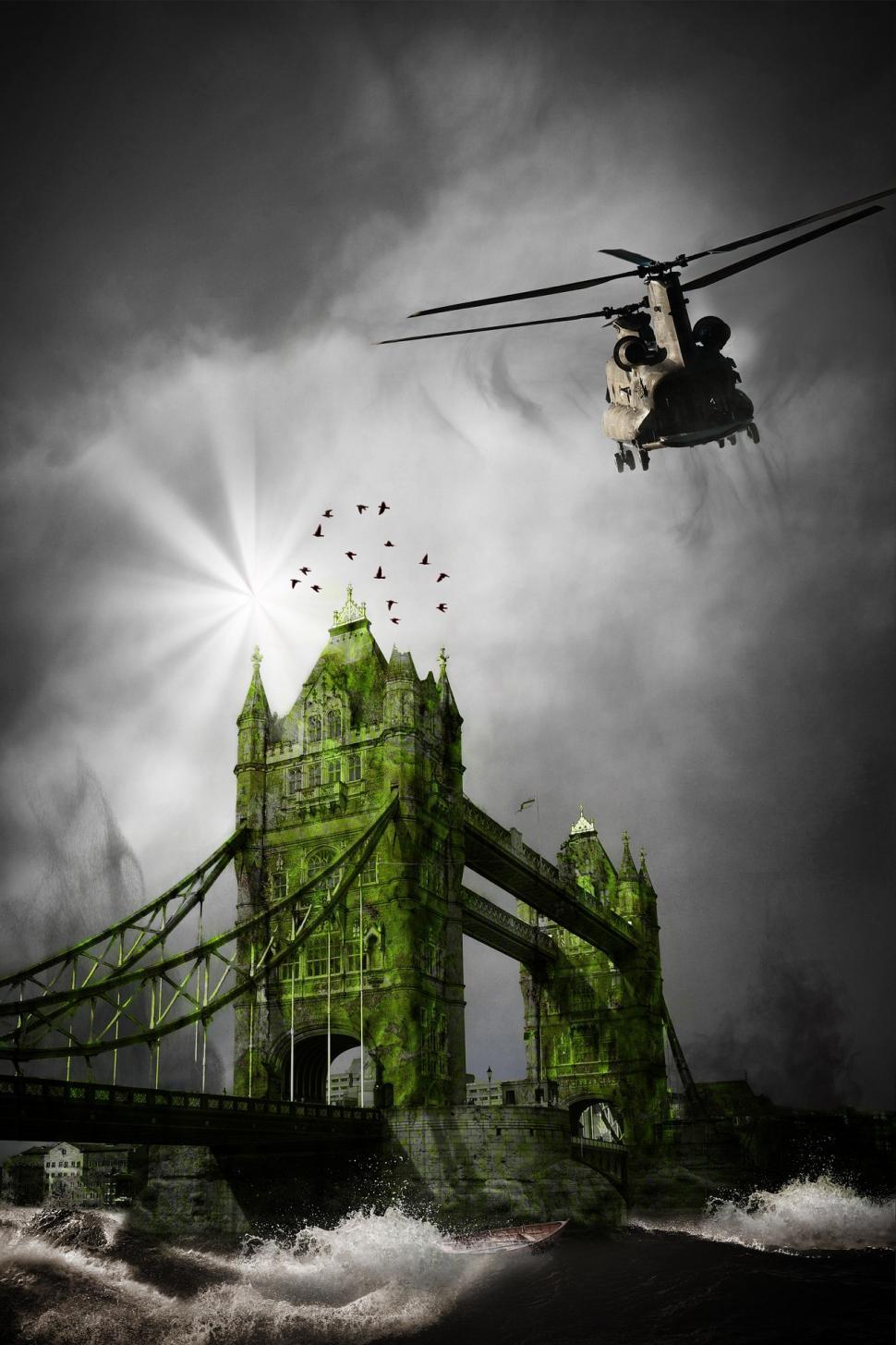Free Image of Helicopter Flying Over Green Tower Bridge 