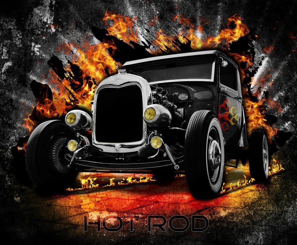 Free Image of Black and White Photo of a Hot Rod Car 