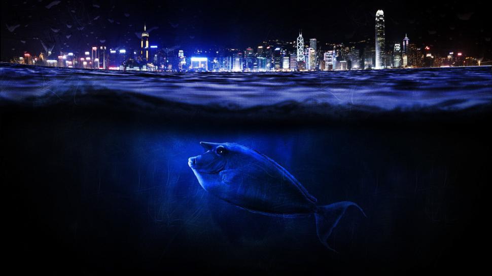 Free Image of Fish Swimming in Ocean With City Background 