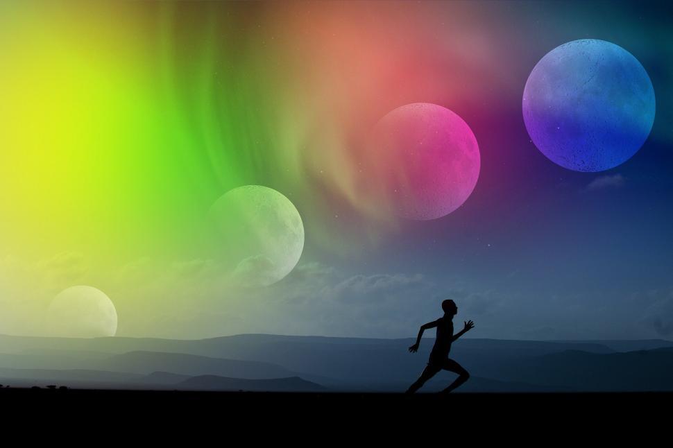 Free Image of composite manipulation photo manipulation bubble ball light globule 3d bright running jogging colorful space moon planets 