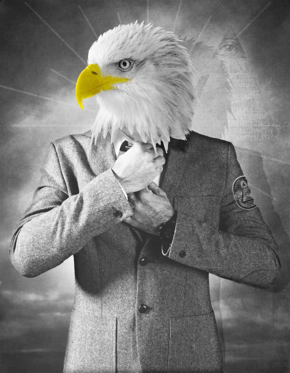 Free Image of Man in Suit With Bald Eagle on His Head 