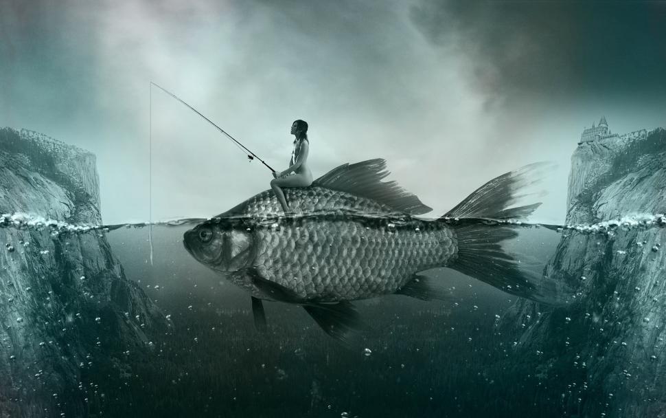 Free Image of Man Riding Fish With Fishing Rod 