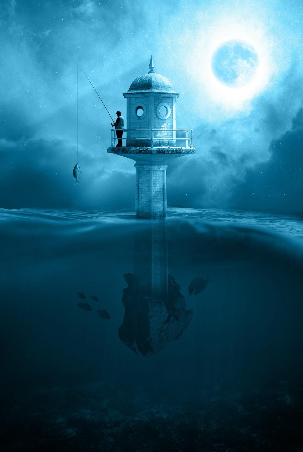 Free Image of Man Standing on Tower in Middle of Ocean 