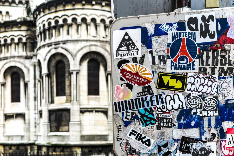 Download Free Stock Photo of Stickers obscure street sign in France 