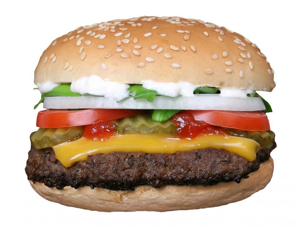 Free Image of Delicious Hamburger With Cheese, Lettuce, and Tomato Slices 