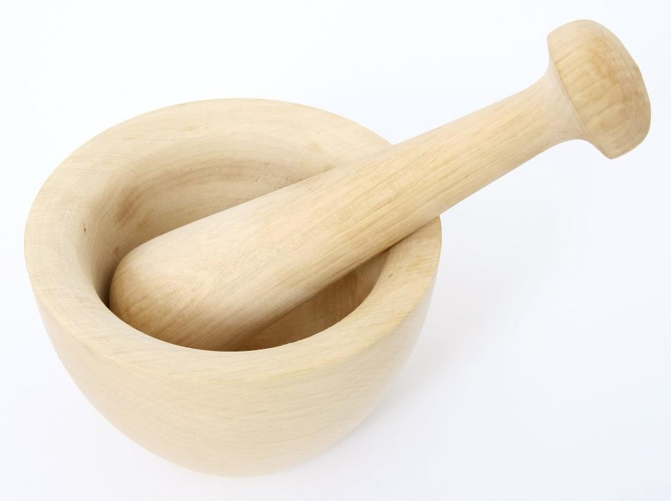 Free Image of Wooden Mortar and Pestle on White Background 