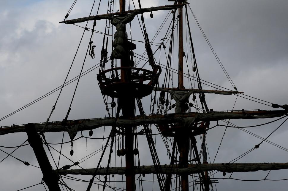 Free Image of rigging silhouette ship vessel pirate end sail sky craft boat sea water ocean 