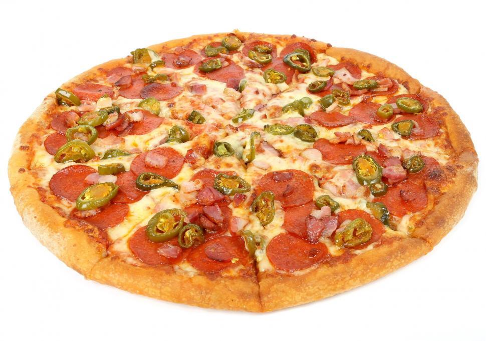 Free Image of Pepperoni and Jalapeno Pizza on White Background 