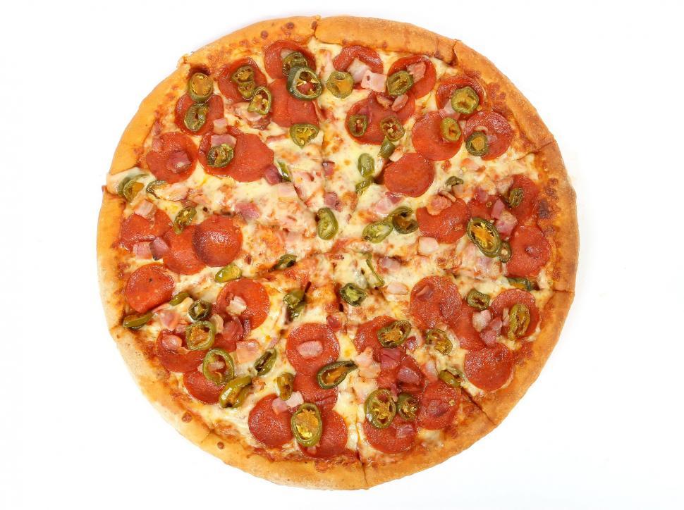 Free Image of Pepperoni and Olive Pizza on White Background 