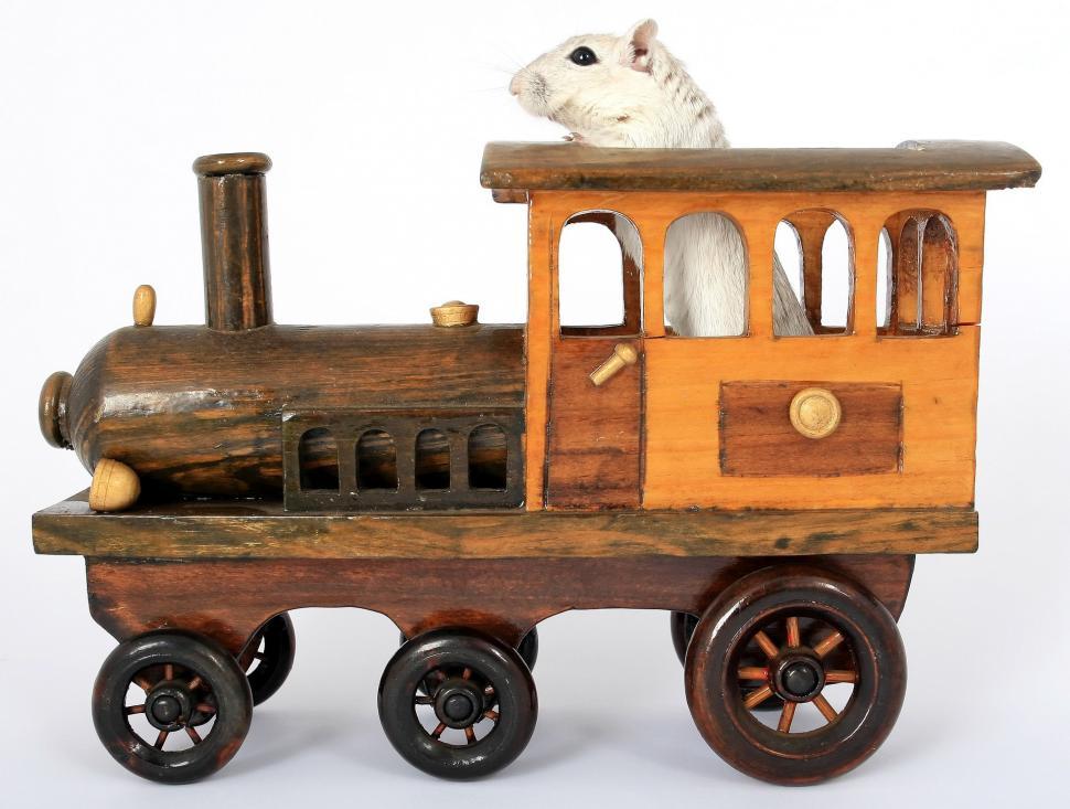 Free Image of Wooden Toy Train With Cat on Top 