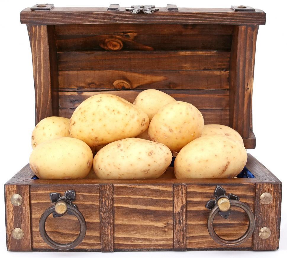 Free Image of Wooden Box Filled With Potatoes on Table 