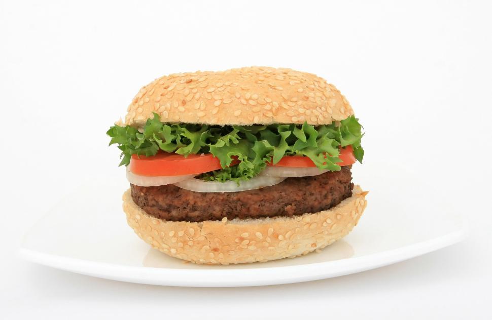 Free Image of Hamburger With Lettuce and Tomatoes on Plate 