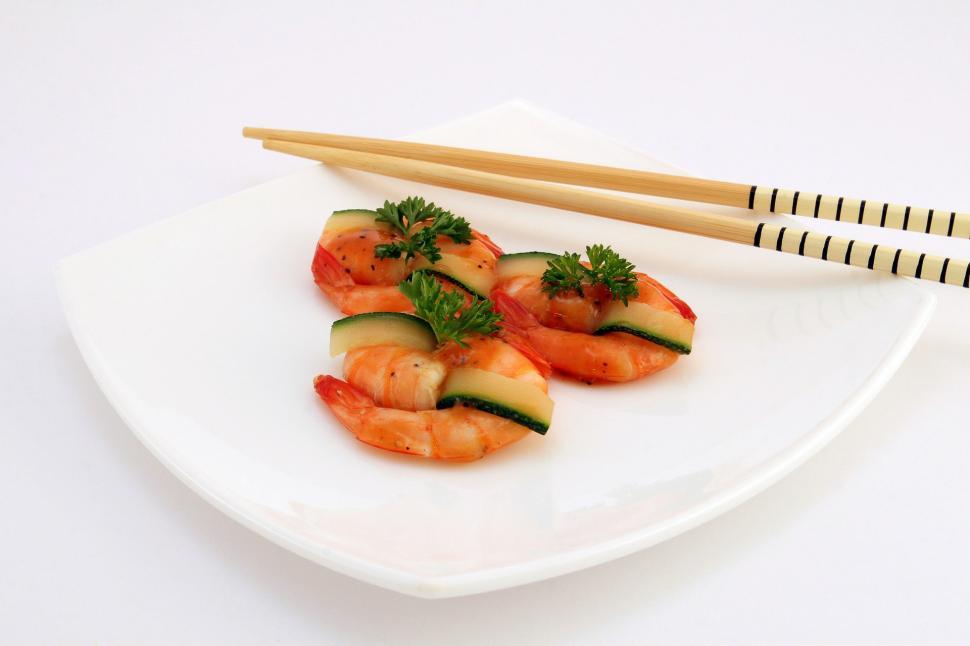 Free Image of White Plate With Shrimp and Cucumbers 
