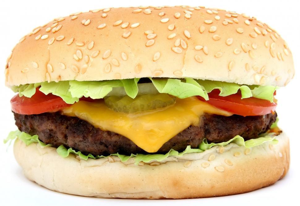 Free Image of Cheeseburger With Lettuce and Tomatoes on a Bun 