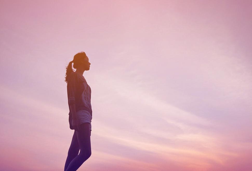 Download Free Stock Photo of Lone Young Girl at Sunset Looking at the Far Horizon 