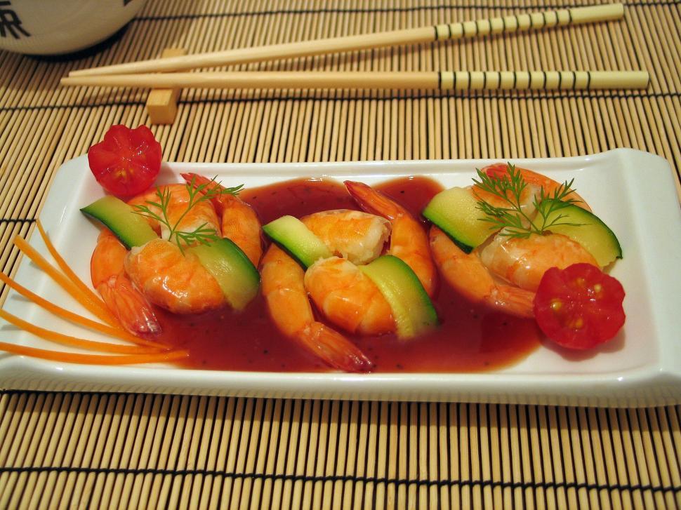 Free Image of White Plate With Shrimp and Cucumber 
