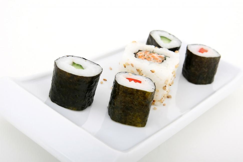 Free Image of White Plate With Sushi on White Table 