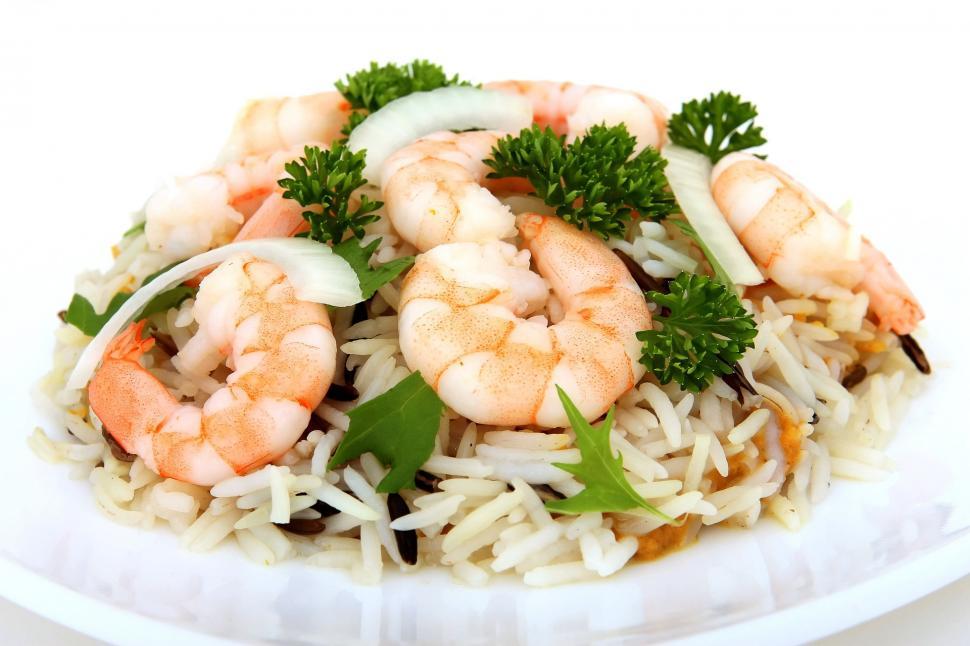 Free Image of White Plate With Rice and Shrimp 